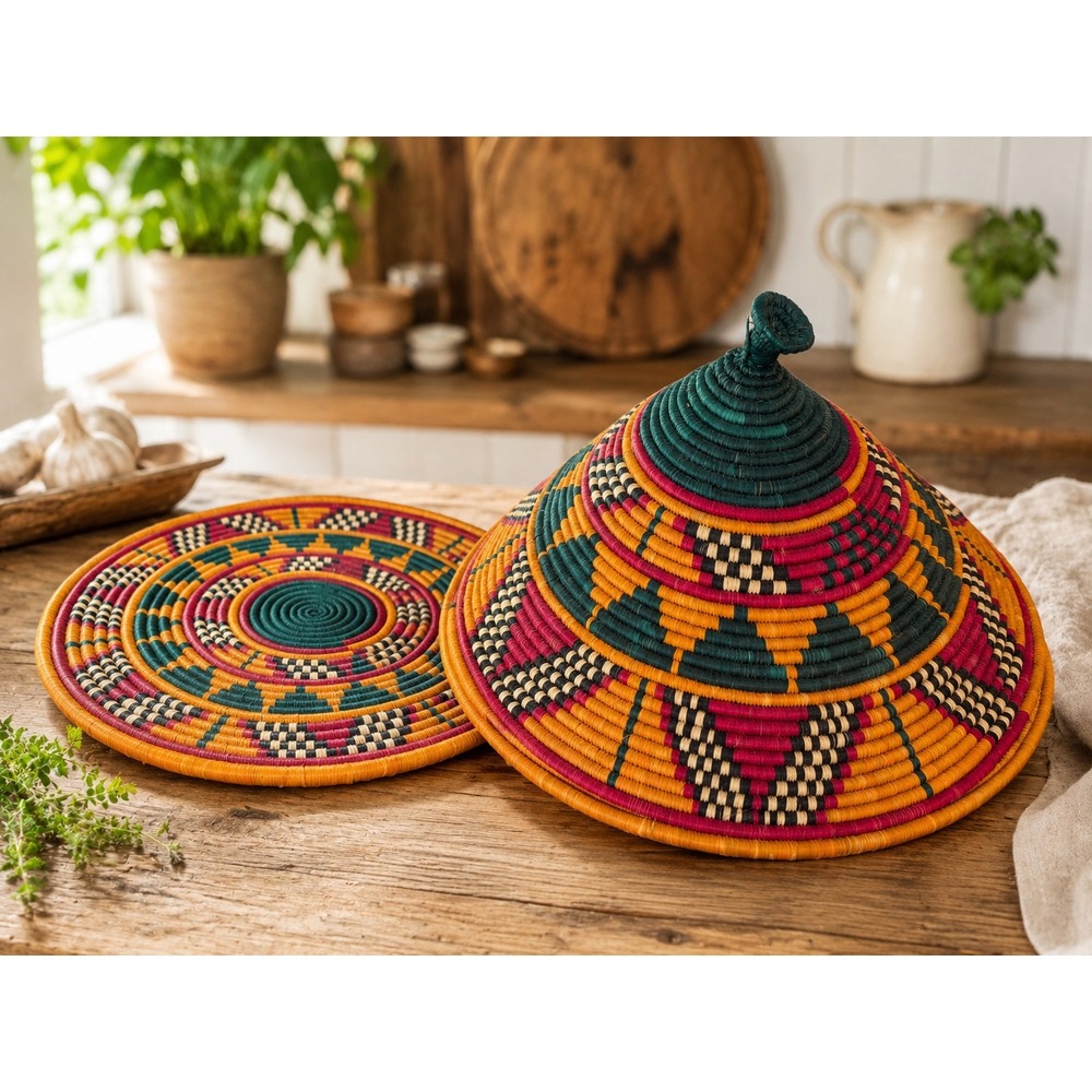 Traditional Nubian Kuta and Tabaga Set Handwoven Woven Basket Food Cover 16x9in